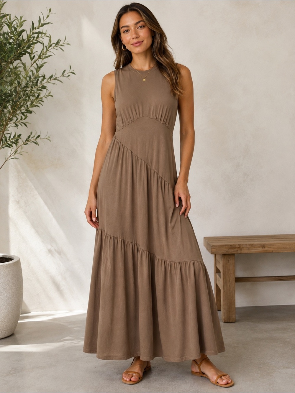 DKNY Brown Tiered Maxi Dress XS Sleeveless Asymmetrical Boho Casual